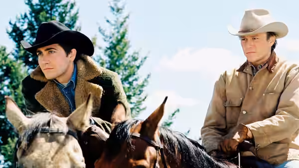 Jack Twist (Jake Gyllenhaal) and Ennis Del Mar (Heath Ledger) riding horses