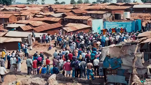 Large crowd gathered among densely packed shacks with rusted corrugated roofs