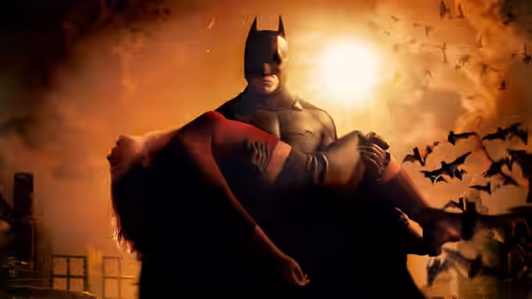 Batman carrying an unconscious woman in a red dress amid flying bats