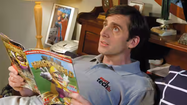 Andy Stitzer (Steve Carell) reads a comic book while relaxing at home