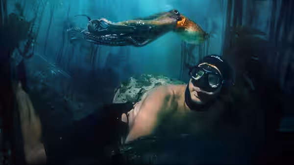Diver rests on the seabed as an octopus swims overhead