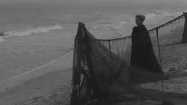A woman stands behind a seaside fence overlooking the waves