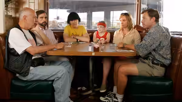 Edwin Hoover, Frank Ginsberg, Dwayne Hoover, Olive Hoover, Sheryl Hoover and Richard Hoover in a diner booth