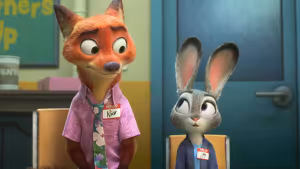Nick Wilde (Jason Bateman) stands beside Judy Hopps (Ginnifer Goodwin) in an office
