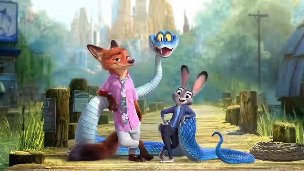 Nick Wilde (Jason Bateman) with Gary De'Snake (Ke Huy Quan) and Judy Hopps (Ginnifer Goodwin) in a town