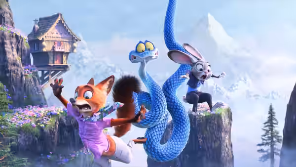 Nick Wilde (Jason Bateman), Judy Hopps (Ginnifer Goodwin) and Gary De'Snake (Ke Huy Quan) atop a mountain cliff