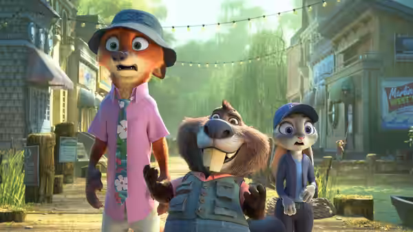 Nick Wilde (Jason Bateman) and Judy Hopps (Ginnifer Goodwin) with a beaver on a village street