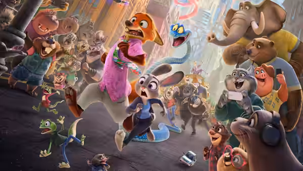 Nick Wilde (Jason Bateman), Judy Hopps (Ginnifer Goodwin) and Gary De'Snake (Ke Huy Quan) in a city chase