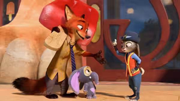 Fox with red umbrella gesturing to a saluting rabbit officer and small elephant