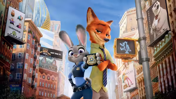 Judy Hopps holding a badge beside Nick Wilde on a city street