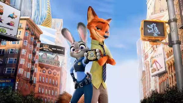 Judy Hopps and Nick Wilde standing together on a sunny city street