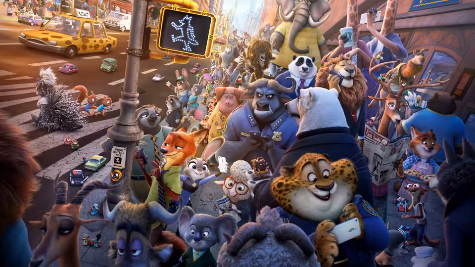 Crowd of animals crossing a busy city street beneath a no-walk sign