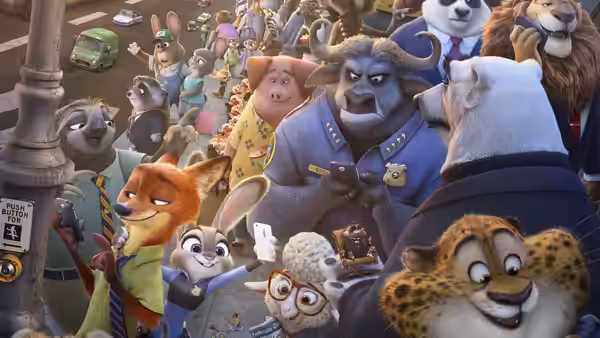 Judy Hopps and Nick Wilde beside Chief Bogo in a crowded street