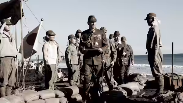 General Tadamichi Kuribayashi standing with soldiers on a beach