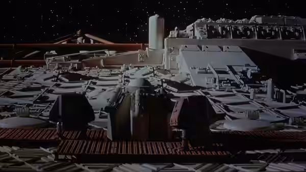 Two drones standing on the hull of a spaceship in outer space