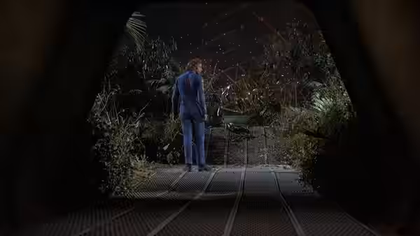 A man in blue jumpsuit walking into a lush forest dome at night