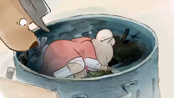 Ernest peering into a barrel at Célestine curled inside it