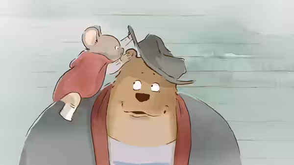 Célestine perched atop Ernest's head as he wears a gray hat