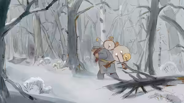 Two bears carrying instruments through a snowy winter forest