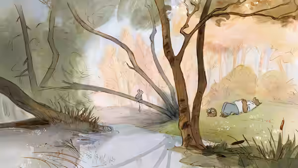 Célestine standing on a branch above Ernest resting by a stream