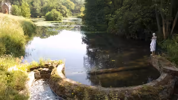 A woman in a white dress standing by a pond in the woods