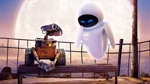 WALL·E sits on a bench as EVE hovers beside him beneath the moon