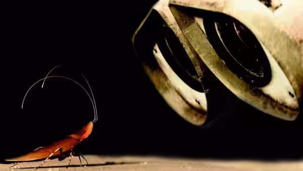 A cockroach faces EVE’s large, dark optical sensors