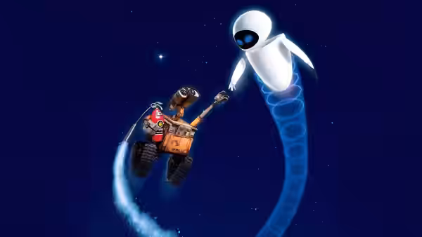 WALL·E and EVE reach toward each other as they fly through space