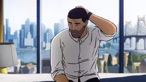 A bearded man in a white shirt sits by large windows, one hand on his head