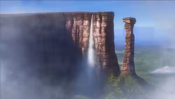 A tall waterfall cascading down a misty cliff into the valley below