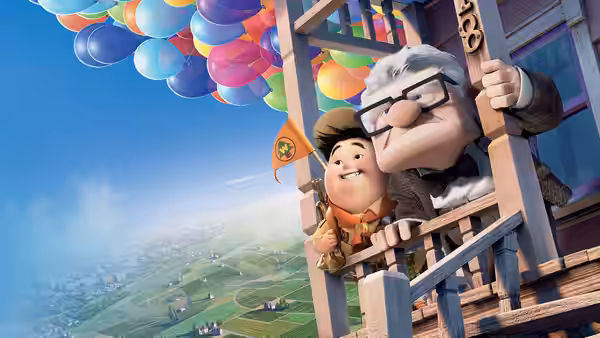 Carl and Russell standing in the balloon house flying over green fields