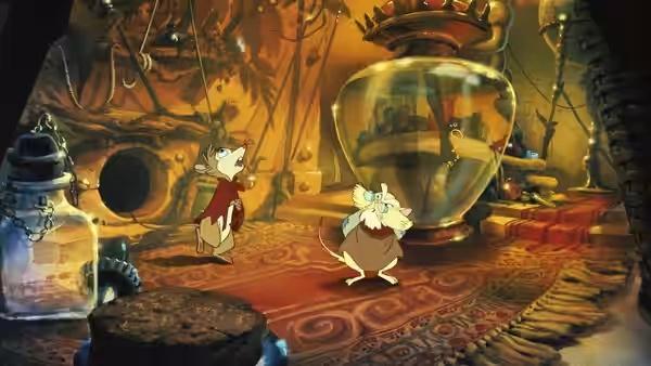 Mrs. Brisby (Elizabeth Hartman) faces Nicodemus (Derek Jacobi) inside a cluttered chamber