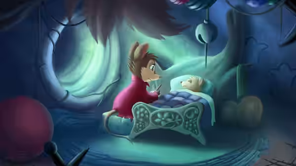 Mrs. Brisby (Elizabeth Hartman) sits beside a child in a small bed