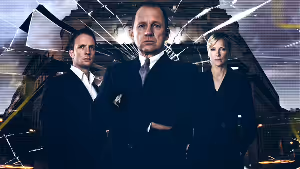 Adam Carter (Rupert Penry-Jones) Harry Pearce (Peter Firth) and Ros Myers (Hermione Norris) before shattered glass