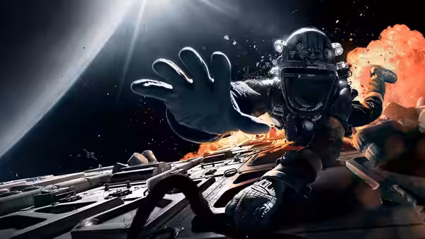 An astronaut reaches forward amid an explosion in space