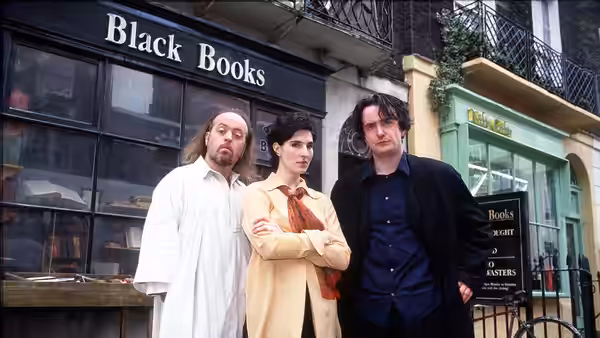 Manny (Bill Bailey), Fran (Tamsin Greig) and Bernard (Dylan Moran) outside Black Books