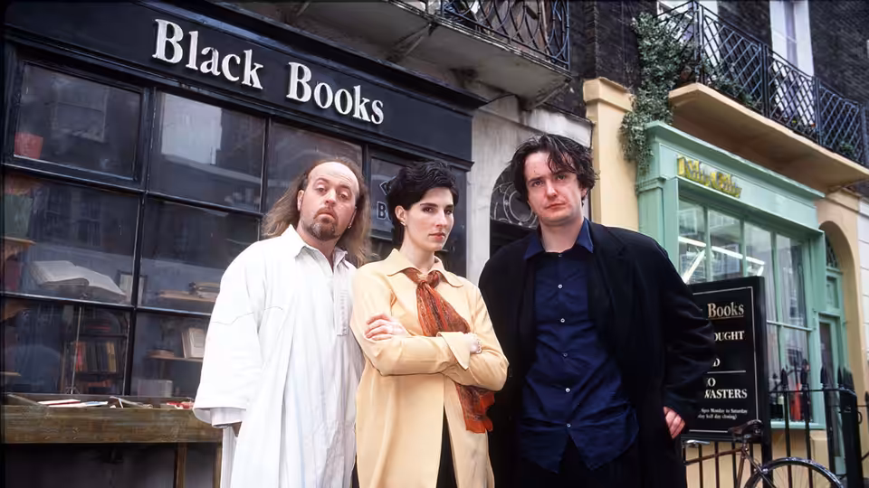 Manny (Bill Bailey), Fran (Tamsin Greig) and Bernard (Dylan Moran) outside Black Books