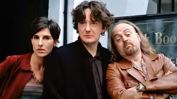 Fran (Tamsin Greig), Bernard (Dylan Moran) and Manny (Bill Bailey) outside the shop