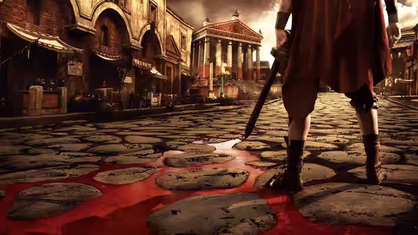 A Roman soldier holding a sword stands in a pool of blood