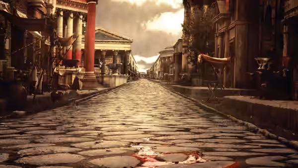 An empty ancient street lined with buildings and streaked with blood