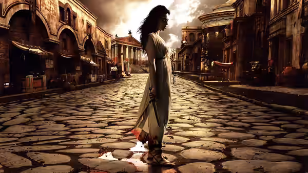 A woman in a pale gown stands on a bloodstained cobblestone street