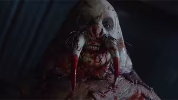 A bloodied walrus-like face emerges from the darkness
