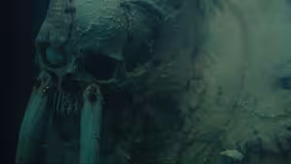 A large weathered skull with tusks looms underwater
