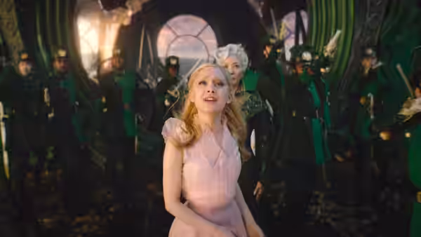 Glinda (Ariana Grande) in a pink dress among guards in green uniforms