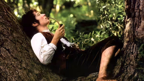 Frodo (Elijah Wood) lying against a tree smoking a pipe in the woods