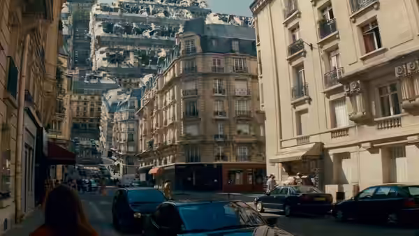 A woman views a Paris street beneath a massive folding structure