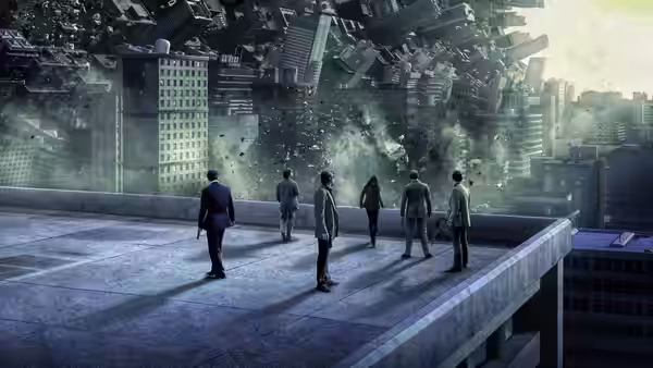 Five people watching collapsing buildings from a concrete rooftop