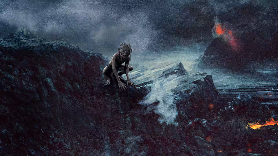 Gollum (Andy Serkis) crouching on rocks above streams of molten lava