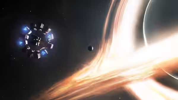 space station orbiting near a black hole with glowing accretion disk