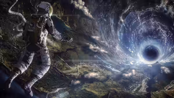 astronaut floating above a planet toward a massive swirling black hole